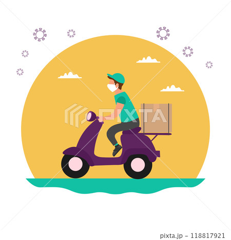 A food delivery during the coronavirus pandemic. Courier on a scooter wearing a mask and gloves. Contactless delivery. The icon on yellow background. A food delivery during the coronavirus pandemic. Courier on a scooter wearing a mask and gloves. Contactless delivery. The icon on yellow background. 118817921