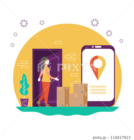 Contactless delivery to the door. Safe delivery during the coronavirus pandemic. Woman wearing a mask and gloves. The icon on yellow background. Contactless delivery to the door. Safe delivery during the coronavirus pandemic. Woman wearing a mask and gloves. The icon on yellow background. 118817923