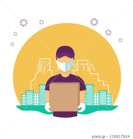 Courier wearing a mask and gloves. A food delivery during the coronavirus pandemic. Contactless delivery. The icon on yellow background. Courier wearing a mask and gloves. A food delivery during the coronavirus pandemic. Contactless delivery. The icon on yellow background. 118817924