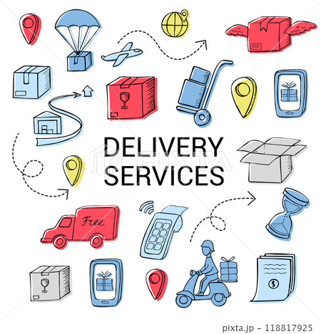 Delivery services set. Colorful doodle icons on a white background: courier, box, delivery van, contract, warehouse, location, etc. Vector template for your business. Delivery services set. Colorful doodle icons on a white background: courier, box, delivery van, contract, warehouse, location, etc. Vector template for your business. 118817925