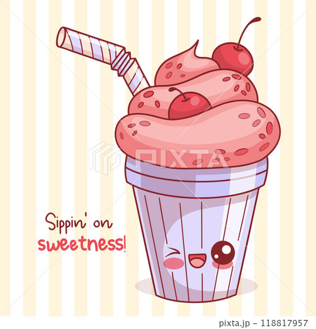 Cute glass of milk shake with cream dessert, cherries and straw. Funny cartoon kawaii character drink. Vector illustration. Kids collection. Cute glass of milk shake with cream dessert, cherries and straw. Funny cartoon kawaii character drink. Vector illustration. Kids collection. 118817957