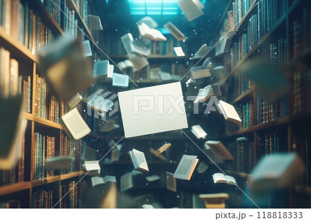 A library with books flying everywhere, including a white piece of paper 118818333