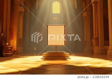 A white sign sits on a pedestal in a large, empty room 118818334