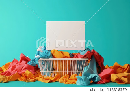 A basket full of clothes is piled on top of a white sign 118818379