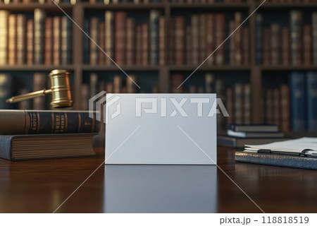 A white card sits on a table in front of a stack of books 118818519