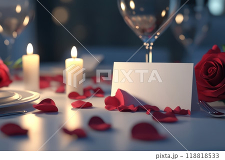 A candlelit table with a white card and a rose on it A candlelit table with a white card and a rose on it 118818533