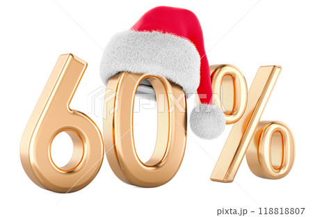 60 percent with Santa Claus Christmas hat. Christmas Sale and Discount concept. 3D rendering 60 percent with Santa Claus Christmas hat. Christmas Sale and Discount concept. 3D rendering 118818807
