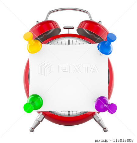 Alarm clock with pinned blank sticky note on the clock face, 3D rendering 118818809