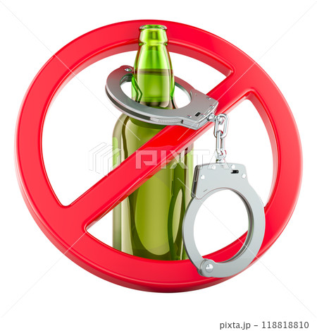 Alcohol addiction, concept. Beer bottle with handcuffs inside prohibition sign. 3D rendering 118818810
