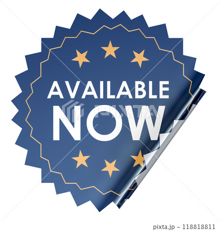 Available Now, blue circle sticker. 3D rendering 118818811