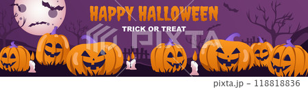 Happy Halloween banner design. Party invitation template with spooky pumpkins with evil smiles, candles, huge mystery moon at night, flying creepy bats, black trees silhouette. Vector illustration. 118818836