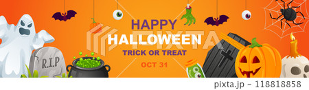 Happy Halloween banner design. Party invitation orange template with creepy pumpkin, candle skull, spooky ghost, tombstone, coffin, potion cauldron, bats, spiders, eyeballs. Vector illustration. Happy Halloween banner design. Party invitation orange template with creepy pumpkin, candle skull, spooky ghost, tombstone, coffin, potion cauldron, bats, spiders, eyeballs. Vector illustration. 118818858