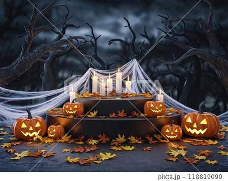 Spooky Halloween Display Jack-o'-Lanterns and Candles on a Festive Pedestal with Creepy Tree for product presentation 118819090