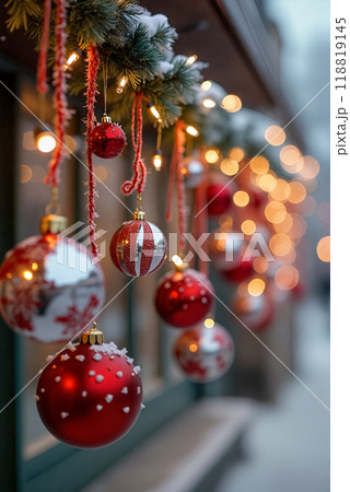 Beautifully decorated storefront with Christmas ornaments and lights during the holiday season 118819145