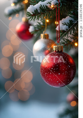 Decorative Christmas ornaments hanging on a snow-covered tree during the festive holiday season 118819146
