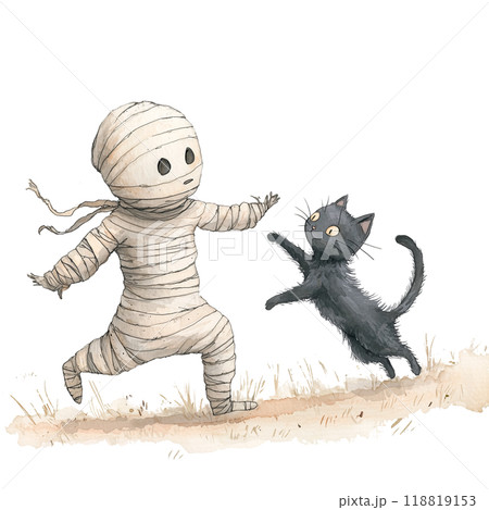 Mummy and black cat playing on a transparent background. Ideal for Halloween-themed designs, spooky character sets, and horror art. Digital projects, creepy decor, and Halloween illustrations. 118819153
