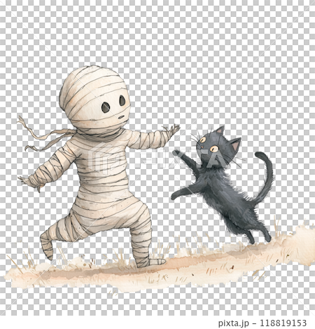Mummy and black cat playing on a transparent background. Ideal for Halloween-themed designs, spooky character sets, and horror art. Digital projects, creepy decor, and Halloween illustrations. 118819153