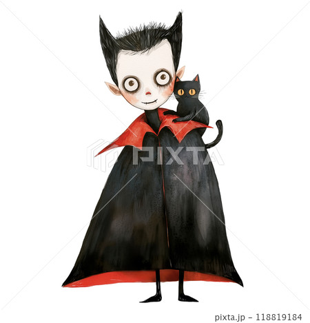 Vampire character holding a black cat, on a transparent background. Cartoon Halloween figure with a spooky, creepy appearance. Perfect for horror designs, gothic illustrations, and Halloween projects. 118819184