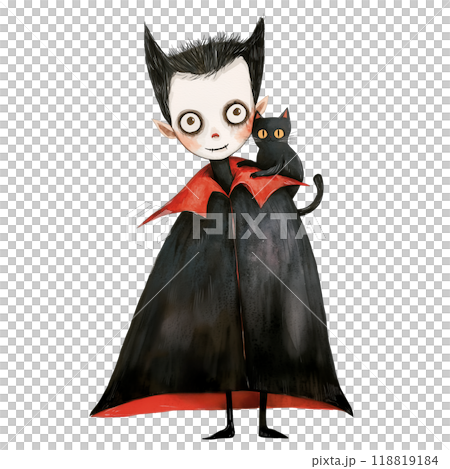 Vampire character holding a black cat, on a transparent background. Cartoon Halloween figure with a spooky, creepy appearance. Perfect for horror designs, gothic illustrations, and Halloween projects. 118819184