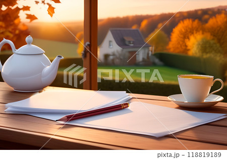 Drawing at window of country house in fall. Tea party in process of work. Paper and pencil. Cottagecore Drawing at window of country house in fall. Tea party in process of work. Paper and pencil. Cottagecore 118819189