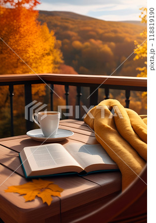 An open book, coffee and warm plaid on balcony of country house in fall. Cottageсore. Autumn landscape with mountains An open book, coffee and warm plaid on balcony of country house in fall. Cottageсore. Autumn landscape with mountains 118819190