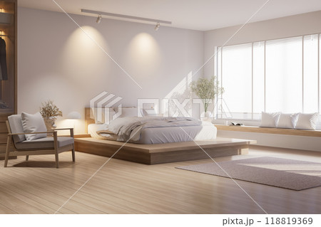 Modern contemporary white bedroom interior with wooden furniture 3d render 118819369