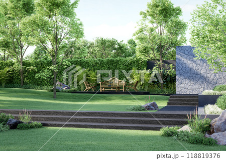 Modern luxury backyard garden landscape design idea 3d render 118819376