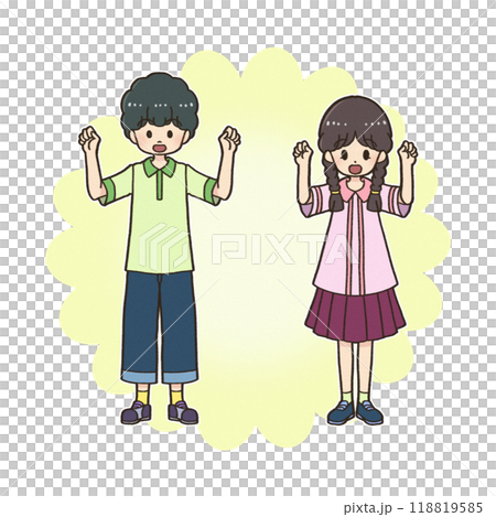 Boy and girl raising their hands in a fist 118819585