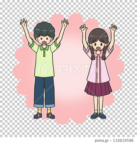 Boys and girls raising their hands in a par 118819586