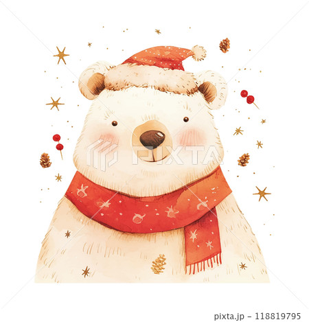 A cartoon bear with a red scarf and a santa hat. The bear is smiling and surrounded by Christmas decorations 118819795