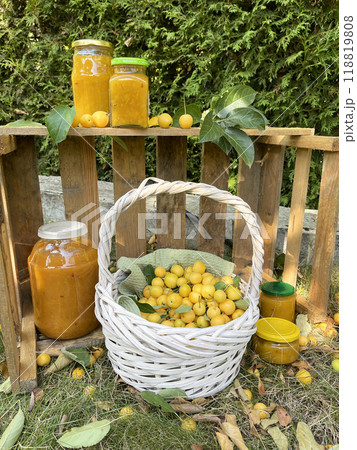 Rolled jars with jam under tree with apples. Harvest in garden. Small yellow apples for dessert, preparation for winter. Organic product.  118819808