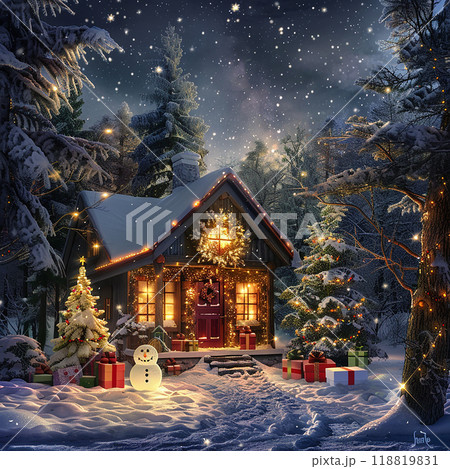 A snowman stands in front of a house with a red door and a wreath on it. The scene is set in a snowy landscape, with trees in the background. The snowman is wearing a red hat and a red scarf 118819831