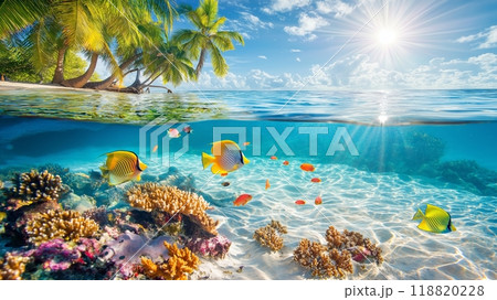 Tropical beach and coral reef fish underwater 118820228