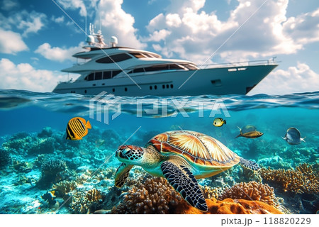 Tropical beach, yacht and coral reef underwater 118820229