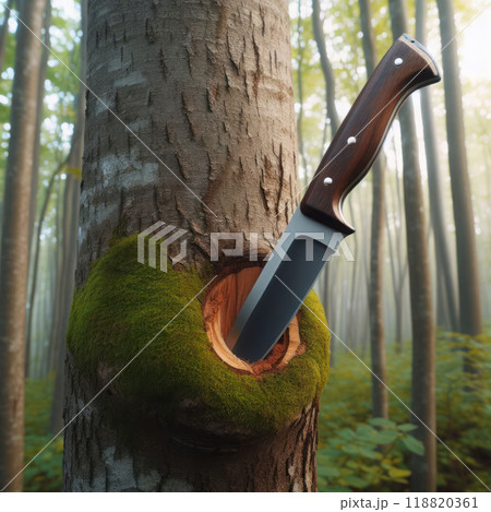A knife stuck in a tree in the forest. 118820361