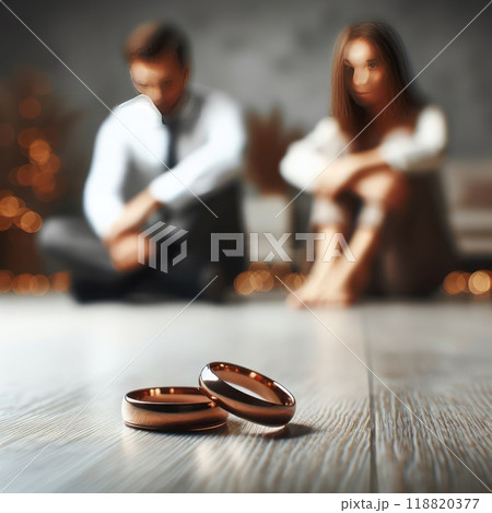 Gold rings lying on the floor against the background of a couple. Gold rings lying on the floor against the background of a couple. 118820377