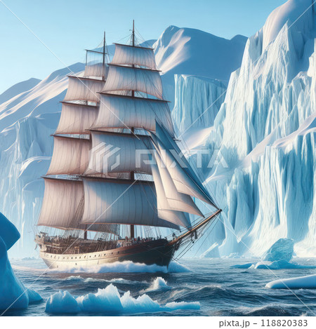 A ship with taut sails sailing among the ice. 118820383