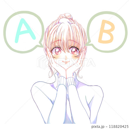 選択肢を考えて嬉しそうな女性　AとB 118820425