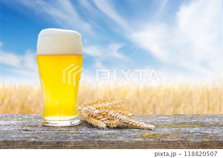 A glass of cold beer sits on a table with a vast rye field 118820507