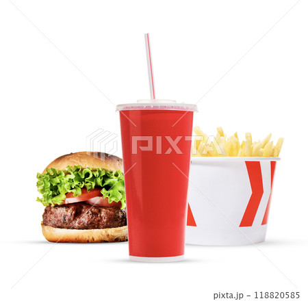 A classic trio of cola, French fries, and a hamburger 118820585
