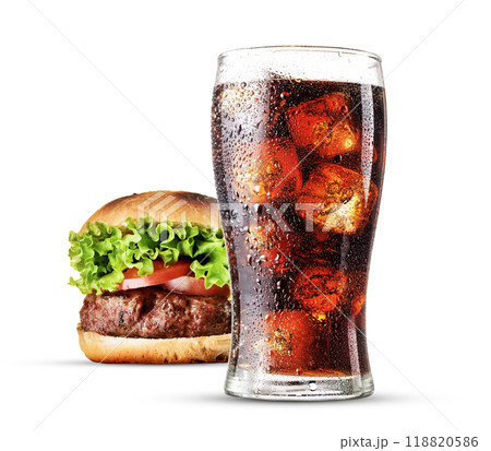 A classic combination of a cola and hamburger A classic combination of a cola and hamburger 118820586