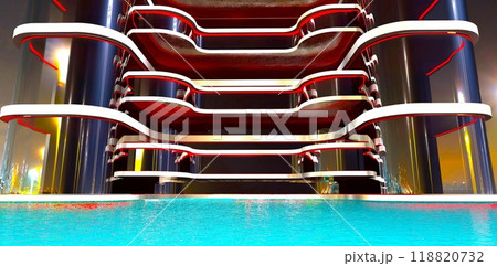 A residential building with apartments overlooking a luxurious turquoise pool. Night view. High-end real estate for affluent clients. 3D rendering. A residential building with apartments overlooking a luxurious turquoise pool. Night view. High-end real estate for affluent clients. 3D rendering. 118820732