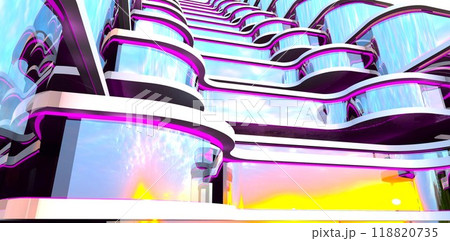 An alluring sunrise reflected in the glass facade of a prestigious hotel complex in the capital of Delaware. 3D rendering. 118820735