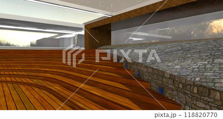 Wooden semicircular steps in front of a luxury countryside building at night. The slanted edge is finished with granite. 3D rendering. Wooden semicircular steps in front of a luxury countryside building at night. The slanted edge is finished with granite. 3D rendering. 118820770