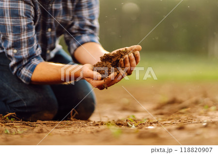Close-up of a farmer's strong hands on a black field. Concept of gardening, ecology. Close-up of a farmer's strong hands on a black field. Concept of gardening, ecology. 118820907
