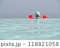 A young child with colorful floaties and a cap looking away from edge of infinity pool A young child with colorful floaties and a cap looking away from edge of infinity pool 118821058