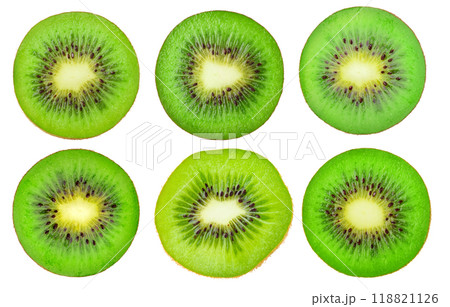 Cross sections of kiwi fruit of different shapes isolated on white background 118821126
