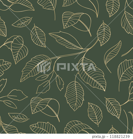 Seamless pattern background of gold leaves on a green background 118821239