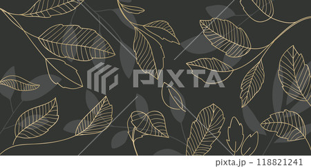 Green botanical leaves hand drawn line art and green silhouettes background.Vector illustration 118821241