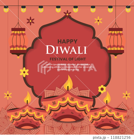 Traditional diwali festival card with diya lamp,candles ,lanterns and flowers.Vector illustration Traditional diwali festival card with diya lamp,candles ,lanterns and flowers.Vector illustration 118821256